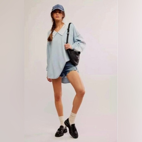Free People Tops - NWT Free People Madeleine Polo Sweatshirt Med Winter Sky Blue $148 Retail Cotton